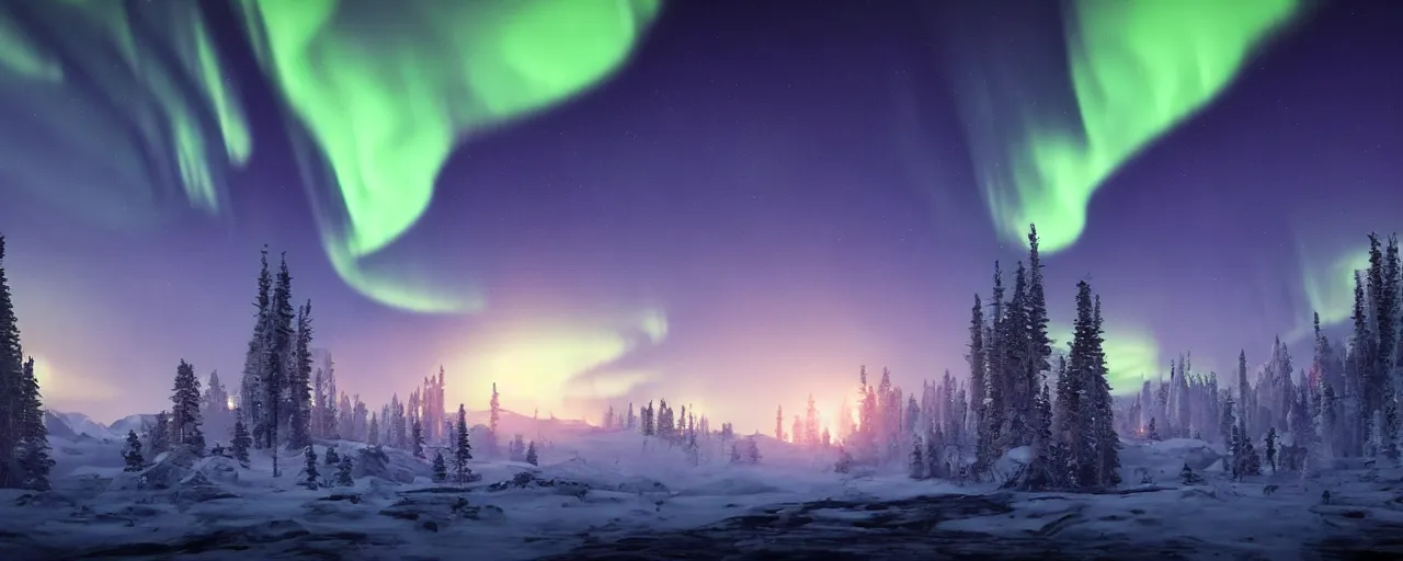 Image similar to a beautiful landscape with northern lights 8 k uhd, unreal engine, octane render in the artstyle of finnian macmanus, john park and greg rutkowski