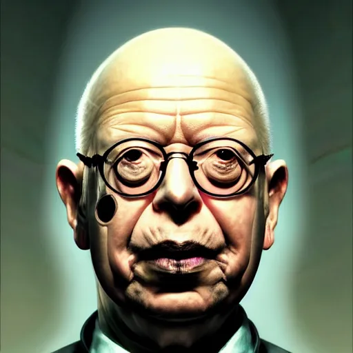 Image similar to uhd photorealistic dark scifi illustration portrait of klaus schwab wearing bizarre voodoo makeup, reading necronomicon. cinematic lighting, mad scientist style. golden ratio, accidental renaissance. in the style of akira toriyama, beksisnski, and amano and karol bak, scifi, fantasy, hyper detailed. concept art. trending on artstation