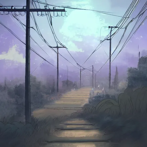 Prompt: heaven path surrounded by power-lines inspired by serial experiments lain scenery overcast sky pixiv scenery art inspired by magical fantasy