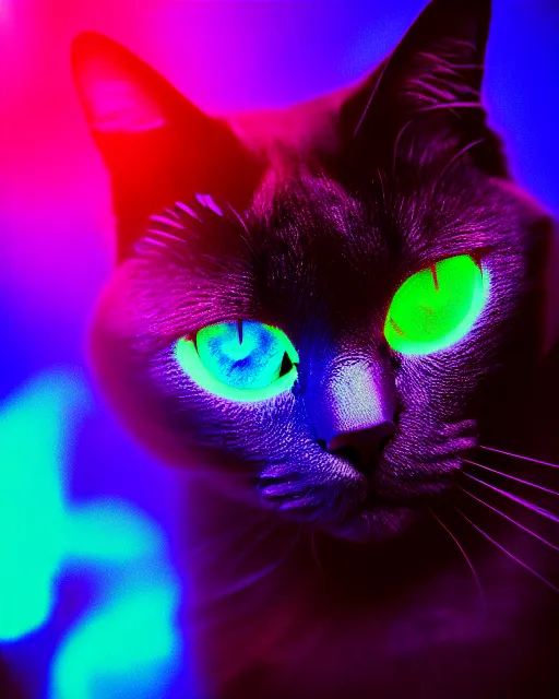 Image similar to glow, chromatic aberration, prismatic, black cat, cinematic, retro, vintage, cool, unique, interesting, original, vhs quality, adult swim