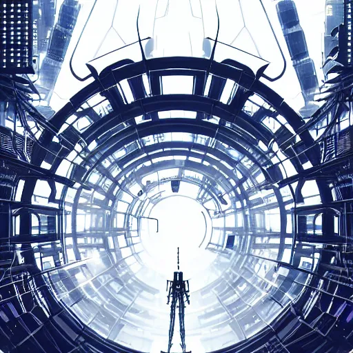 Image similar to Circle portal structure among cyberpunk Tokyo in style of Tsutomu Nihei. Cyberpunk, vertical symmetry, 8K, Highly Detailed, Intricate.