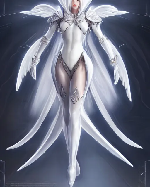 Image similar to perfect white haired egyptian goddess wearing white dove wings, warframe armor, regal, attractive, ornate, sultry, beautiful, ice queen, half asian, pretty face, blue eyes, detailed, scifi platform, 4 k, ultra realistic, android body, illuminated, cinematic, masterpiece, art by akihito tsukushi, voidstar, artgerm