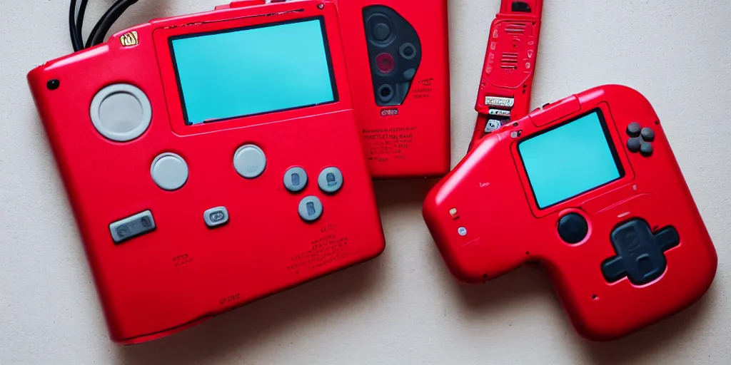 Prompt: heart monitor films on a wide red gameboy handheld console