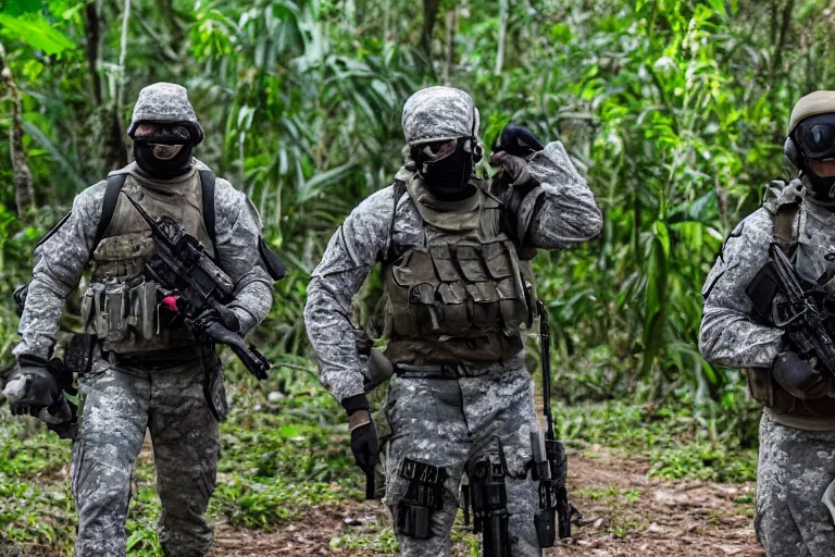 Image similar to Mercenary Special Forces soldiers in grey uniforms with black armored vest in a battlefield in the jungles 2022, Canon EOS R3, f/1.4, ISO 200, 1/160s, 8K, RAW, unedited, symmetrical balance, in-frame, combat photography