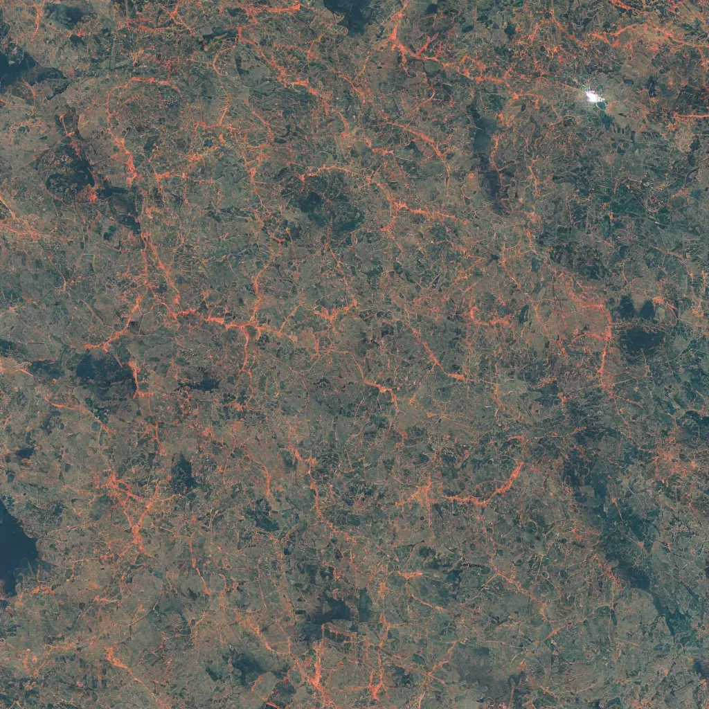 Image similar to a very polluted landscape seen by sentinel or landsat satellite during the night with red rivers and oceans surrounded by urban sediment, photorealistic, high resolution, best quality