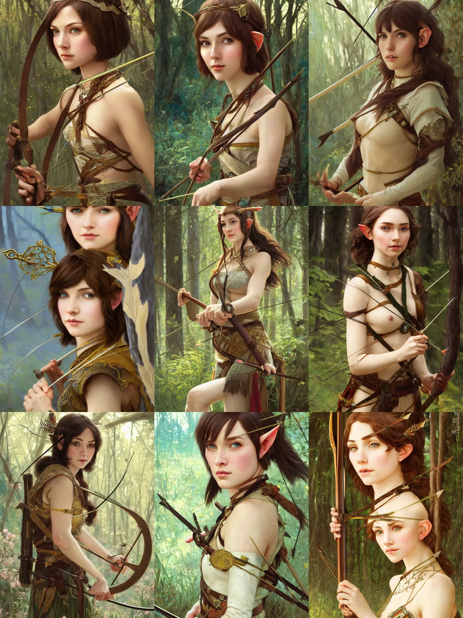 Prompt: a single female half - elf archer, detailed face, bow and arrow, brunette, white skin, honey - colored eyes, bob haircut, young, pretty, high fantasy, forest background, highly detailed, digital painting, by tian zi, wlop, alphonse mucha