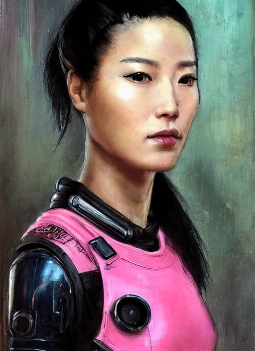 Image similar to Marie Cho. beautiful cyberpunk female USN marine wearing a military vest and a black and pink tactical catsuit (cyberpunk 2077, bladerunner 2049). gorgeous face. Iranian orientalist portrait by john william waterhouse and Edwin Longsden Long and Theodore Ralli and Nasreddine Dinet, oil on canvas. Cinematic, hyper realism, realistic proportions, dramatic lighting, high detail 4k