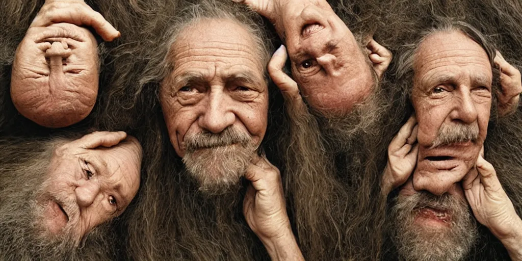 Image similar to a old man with 3 heads and 6 eyes, long hair, hanging upsidedown by annie leibovitz