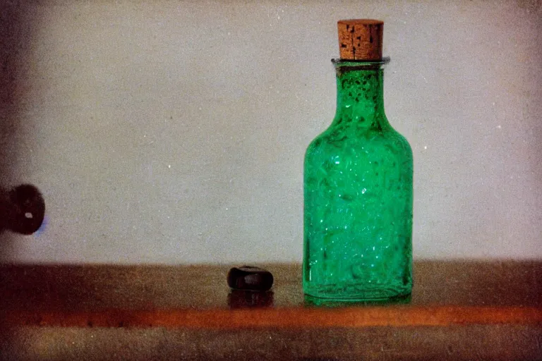 Image similar to small potion with a cork top filled with a green and turquoise gradient liquid, on a desk, old film photo