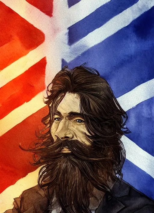 Prompt: portrait, a handsome small Frenchman with beard and long black hair toasting with whiskey, French flag in the background, watercolor, dramatic lighting, cinematic, establishing shot, extremely high detail, foto realistic, cinematic lighting, digital art, by Yoshitaka Amano, Ruan Jia, Kentaro Miura, Artgerm, post processed, concept art, artstation, matte painting, style by eddie mendoza, raphael lacoste, alex ross