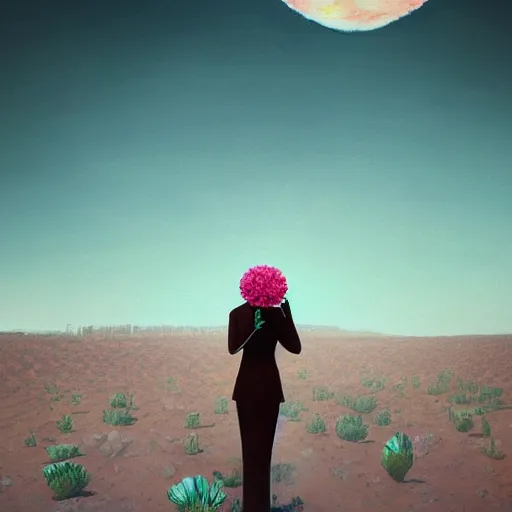 Image similar to giant carnation flower head girl, suit, desert, surreal photography, sunrise, dramatic light, impressionist painting, digital painting, artstation, simon stalenhag