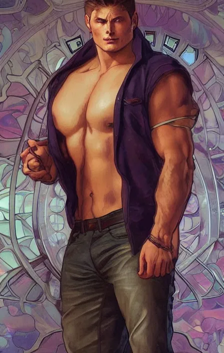 Image similar to pretty muscular dean winchester as a character in romance book art design, character concept, sharp focus!, ultra detailed, art by artgerm alphonse mucha, wlop