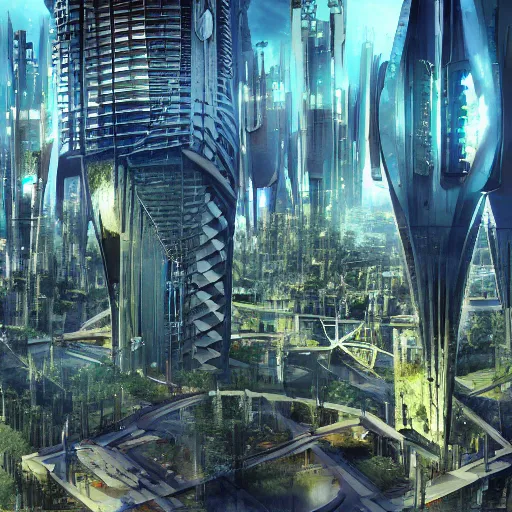 Image similar to highly detailed arcology city in a utopian future, digital art, cinematic shot