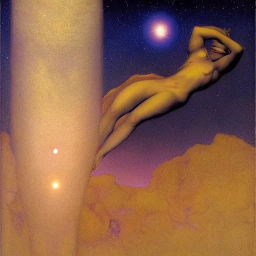 Prompt: Liminal space in outer space by Maxfield Parrish