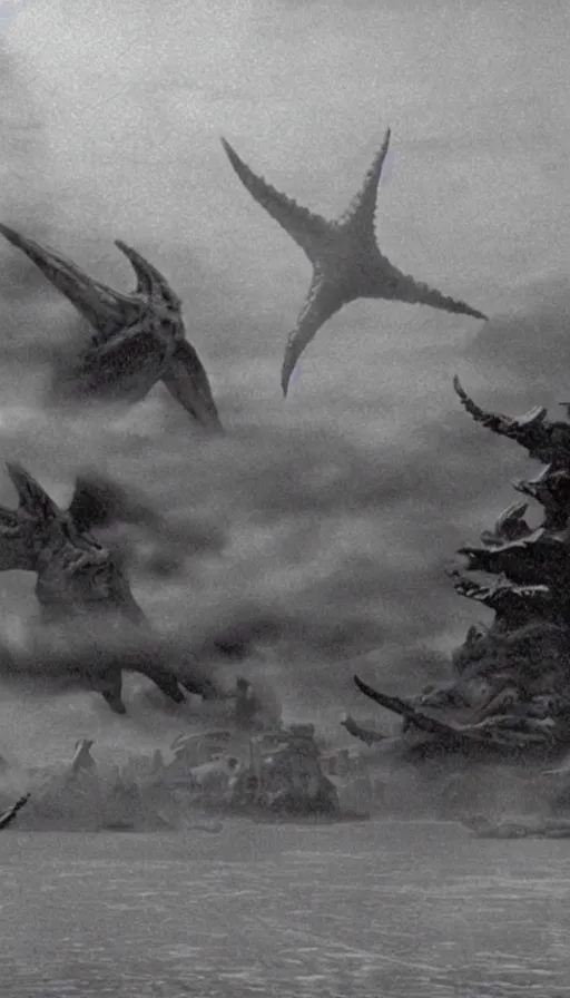 Image similar to a filmstill of a north korean monster movie, kaiju - eiga monster with starfish - arms trampling a traditional korean palace, foggy, film noir, epic battle, etheral, explosions, communist propaganda, communist epic thriller produced by kim jong - il, cinematography by akira kurosawa and tim burton, video compression