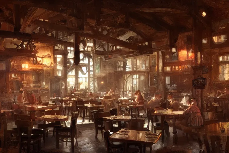 Prompt: A national geographic photo of the interior of an old inn restaurant filled with people by greg rutkowski, Trending on artstation