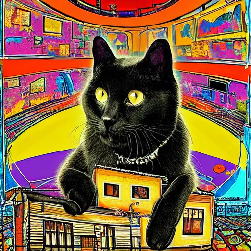 Image similar to dmitri the black cat stalks the exclusion zone lsd poster psychedelic