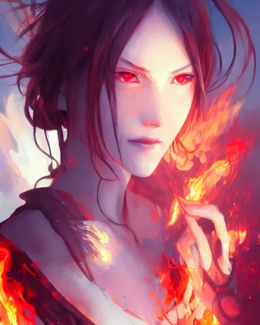 Image similar to red eyed anime girl, flames everywhere, highly detailed, digital painting, artstation, concept art, smooth, sharp focus, illustration, art by artgerm and greg rutkowski and alphonse mucha