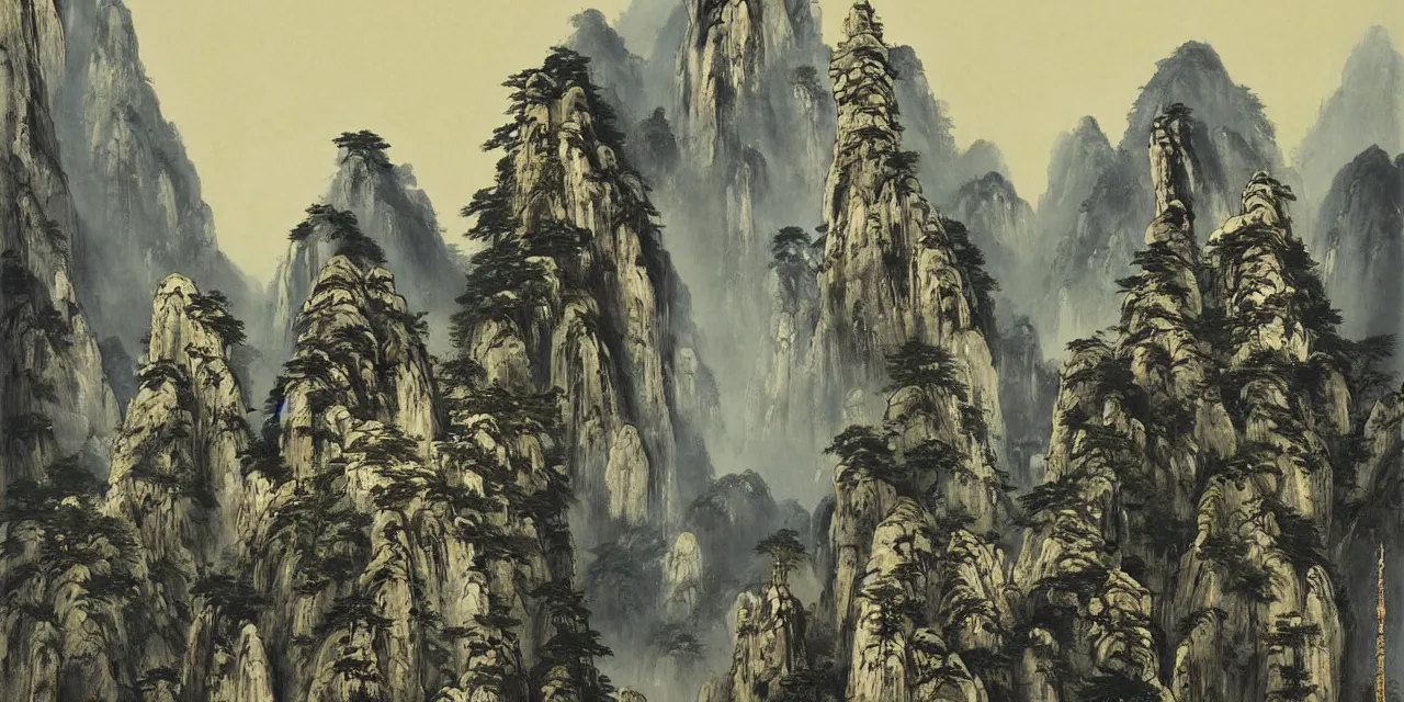 Prompt: the taoist temples of huangshan, landscape painting by peder balke