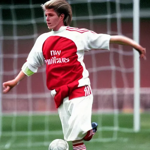 Image similar to brian wilson playing soccer for arsenal fc circa 1997, photorealistic