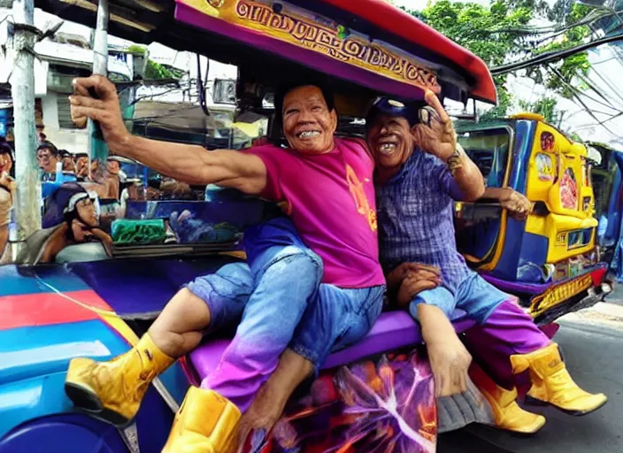 Image similar to rodrigo duterte and thanos riding a jeepney, real life photograph, award winning photograph, 4 k