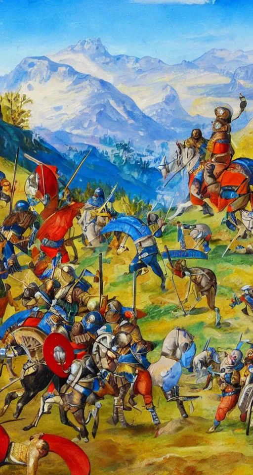 Image similar to colorful simple wideshot of a small medieval battle in front of a beautiful large blue mountainscape, painting