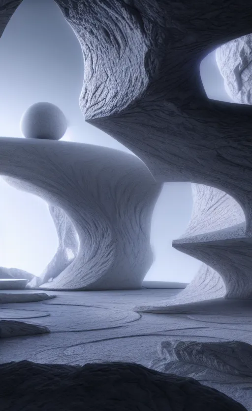 Image similar to highly detailed 3 d render cinematic composition of a white fractal sci - fi architecture landscape, surreal, stone, magnesium, archviz, vincent callebaut composition, mamou - mani, beautiful lighting, hyper detailed, 8 k, unreal engine, hdr, dof