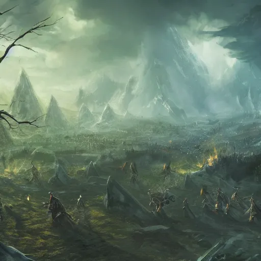 Prompt: war torn battlefield, wizards fighting in the distance, a fallen mages in focus, dnd, fantasy, high quality, high definition, concept art, smooth