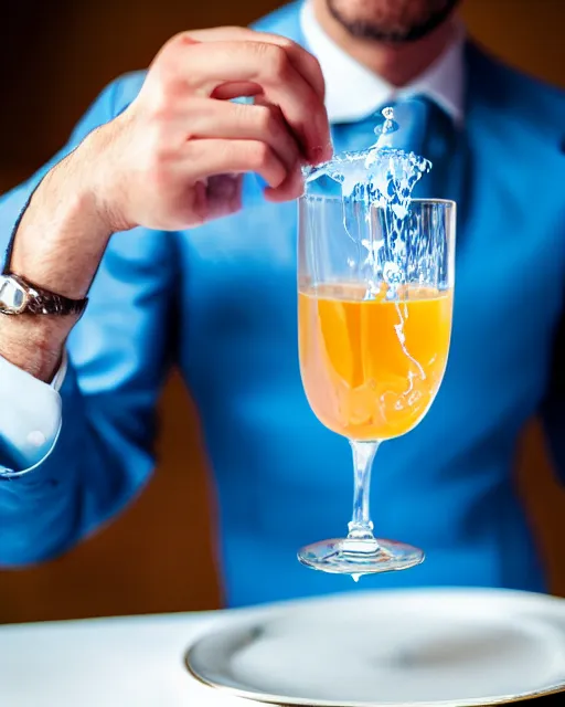 Prompt: photography of a fancy gentleman eating a toast with blue liquid spread over it,