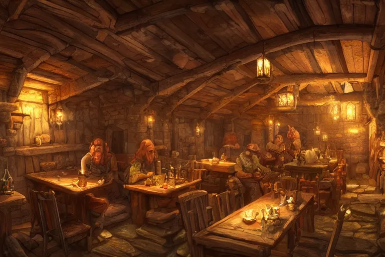 Prompt: a digital painting of an isometric wooden medieval tavern interior by justin gerard, paul bonner, rpg game environment, highly detailed, volumetric lighting, digital art, isometric, artstation hd