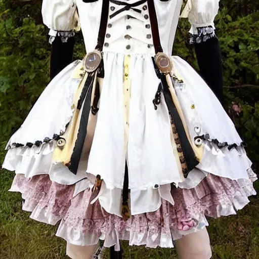 Image similar to A mechanical-steampunk themed lolita outfit ; the fabric has pictures of galaxies moons and stars on it. A beautiful lolita dress, Angelic Pretty!dream a steampunk themed lolita outfit ; the fabric has pictures of gears and bolts on it. A beautiful lolita dress, Angelic Pretty