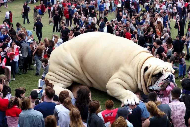 Image similar to a crowd of people surrounding a giant bulldog and the bulldog is five times larger then the people