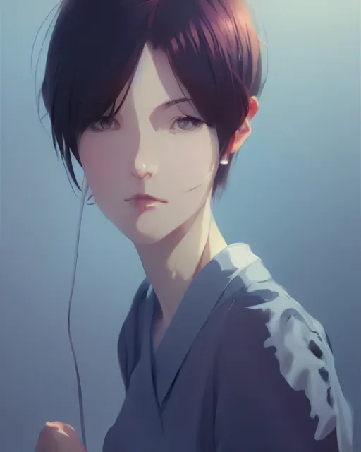 Image similar to kyoto animation, woman with short hair, beautiful, detailed portrait, cell shaded, 4 k, concept art, by wlop, ilya kuvshinov, artgerm, krenz cushart, greg rutkowski, pixiv. cinematic dramatic atmosphere, sharp focus, volumetric lighting, cinematic lighting, studio quality