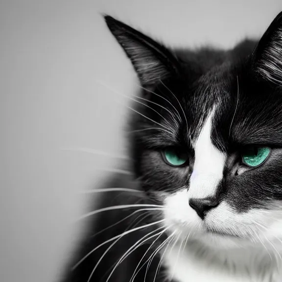 Prompt: 4 k hd, high detail photograph of a cat with black and white fur, shot with sigma f / 4. 2, 2 5 0 mm sharp lens, consistent, isometric view, volumetric lighting, high level texture render