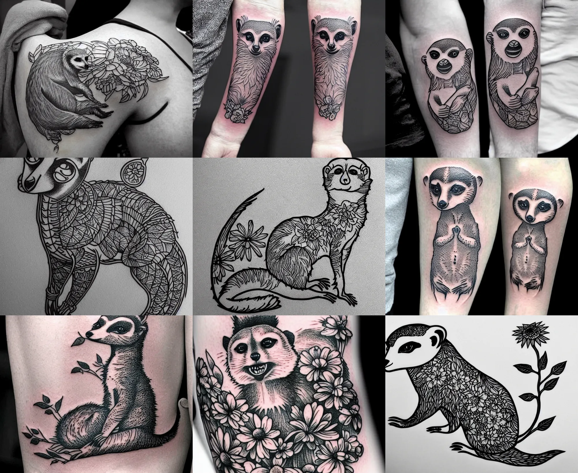 Image similar to detailed amazing tattoo stencil of a meerkcat standing flowers