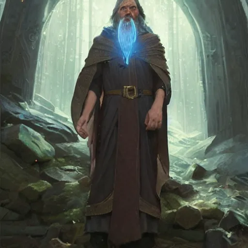 Prompt: A middle aged elf, brown hair and a raised hand, long beard, blue robes with runic symbols, detailed face, highly detailed, cinematic lighting, digital art painting by greg rutkowski.