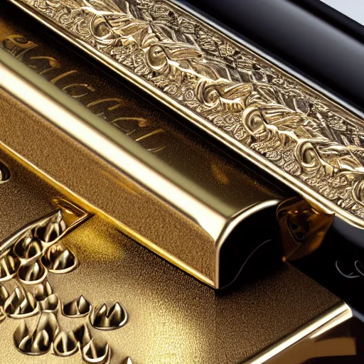 Image similar to gold luxurious shotgun, closeup, 8k, realistic, extreme details, detailed, sharp