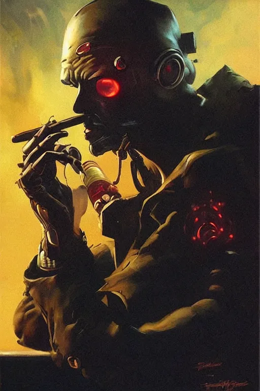 Image similar to An android smoking a cigar in a cyberpunk setting, by Frank Frazetta, Trending on Artstation, highly detailed,