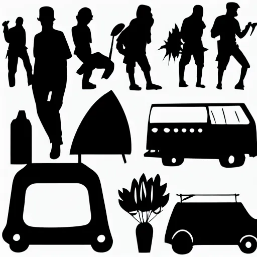 Prompt: vector of caravan night camping in the jungle, black silhouette, white background