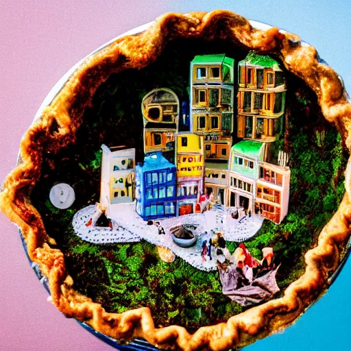 Image similar to macro photo of a miniature secret hidden world with tiny buildings and people inside of a pie floater