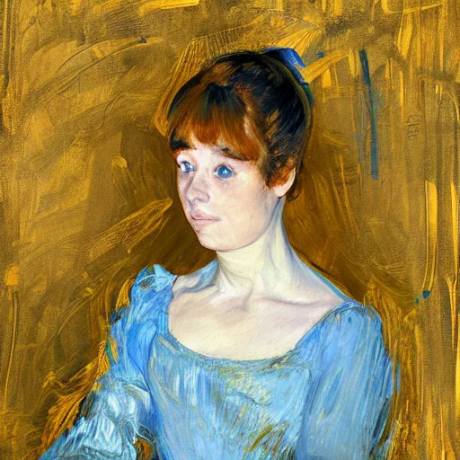 Prompt: palette knife oil painting portrait of a girl in a blue and gold room, film still by goya, by henri de toulouse - lautrec, extreme detail, liminal aesthetic, artgerm, deviant art, octane, substance, art history 8 k, art nouveau