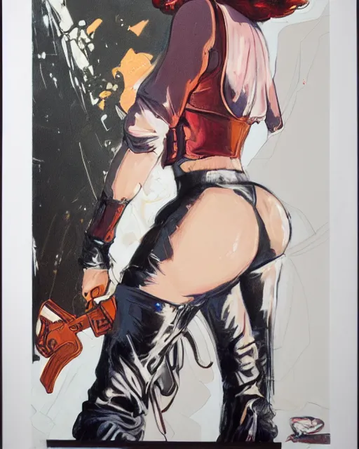 Image similar to young female protagonist in leather jacket, city street, artwork by ralph bakshi