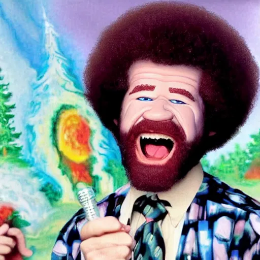 Image similar to bob ross screaming on a bad acid trip