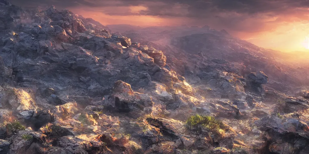 Prompt: Steven Spielberg movie shot, a mountain valley shattered into thousands of rock fragments, no gravity, moody atmosphere, sunrise, 10mm lens, trending on Artstation, highly detailed,