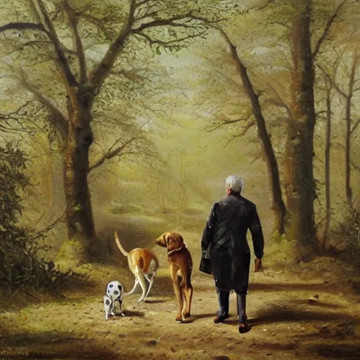 Image similar to granddad and blond curly young grandson walking in french forest with a dalmatian dog with black spots oil painting