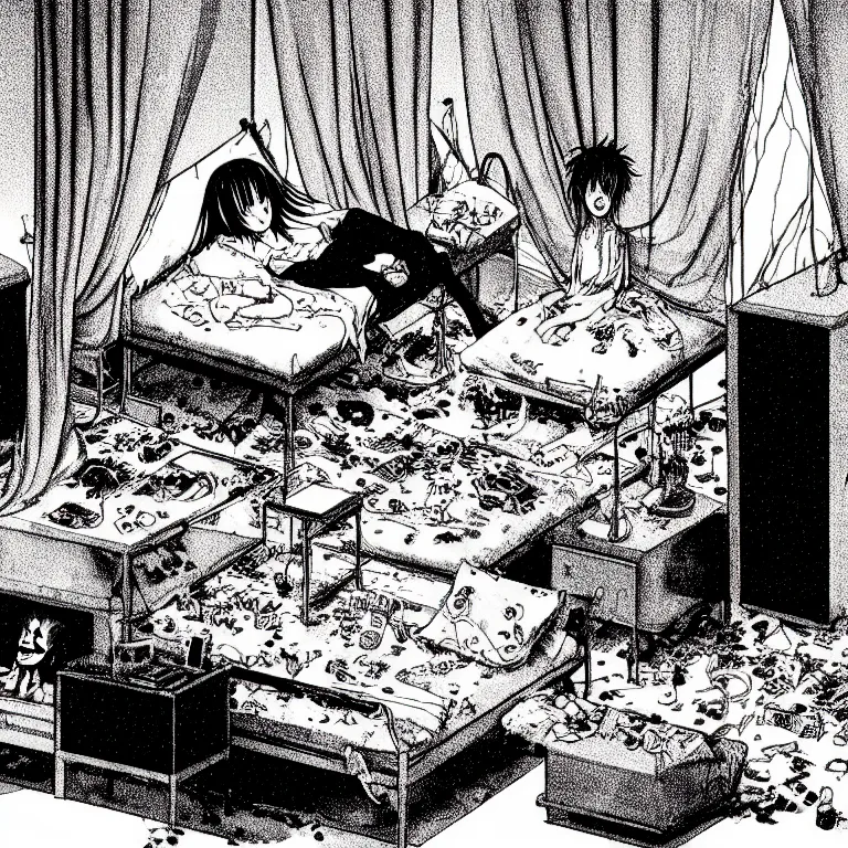 Image similar to cursed illustration of beautifully ominous creepy sleep paralysis demon observing sleeping teenager inside 1 9 8 0's cluttered bedroom. manga style of junji ito, kentaro mirua, weirdcore, octane render