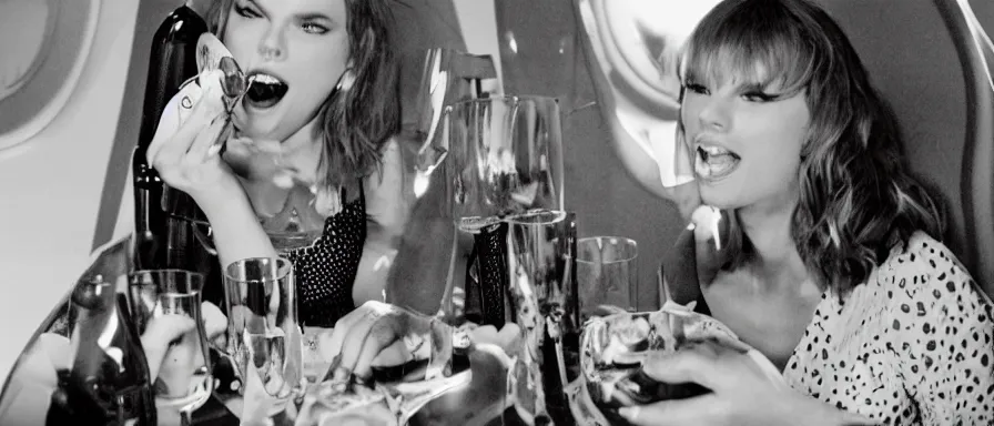 Image similar to Cinematography Taylor Swift Lauging and drinking champagne in her private jet by Emmanuel Lubezky