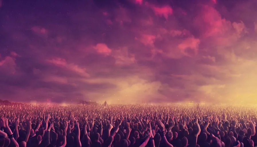 Image similar to digital art of a panicked crowd pointing!! towards a glowing sky, raising their arms, volumetric lighting, nasty, hyperdetailed, realistic