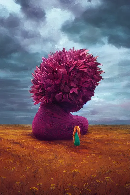 Image similar to closeup, giant flower head, a girl on beach, surreal photography, wind and cold, dramatic sky, impressionist painting, digital painting, artstation, simon stalenhag