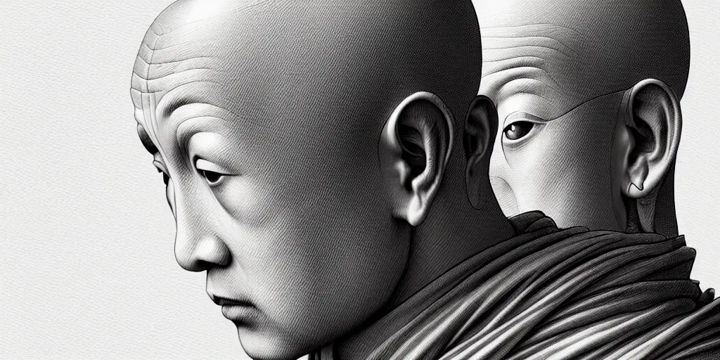 Image similar to Ultra realistic illustration, close up of a buddhist monk looking at himself in the mirror, cyberpunk, sci-fi, fantasy, intricate, elegant, highly detailed, digital painting, artstation, concept art, smooth, sharp focus, illustration art in the style of albrecht durer,